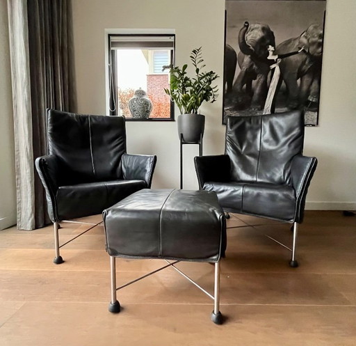 Montis: black leather footstool Charlie - Gerard van den Berg