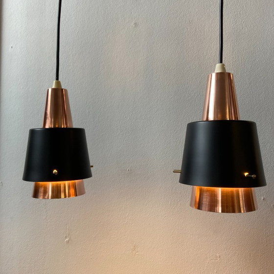 Image 1 of Danish vintage double pendant lamp with teak – in the style of Bent Karlby