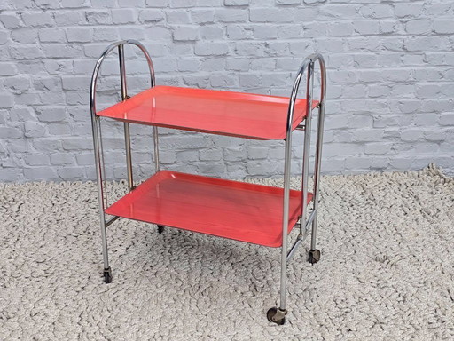 Vintage Foldable and Mobile Chrome Steel ‘Dinett’ Serving Trolley with 2 Red Layers by Gerlinol, Germany, 1970s.