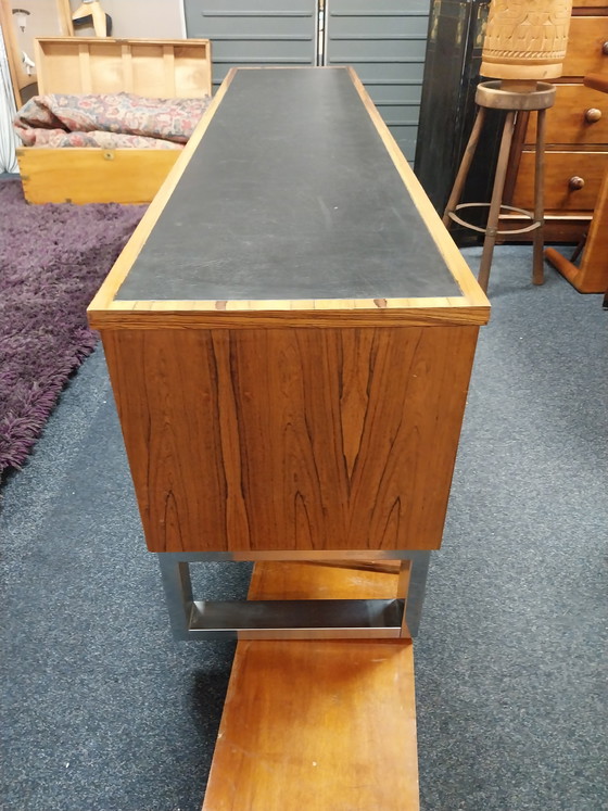 Image 1 of 1 x BUS möbel 1980's  roomdivider lowboard met zwart lederen bovenblad 2 zijdig 200 x 46 x 64cm 