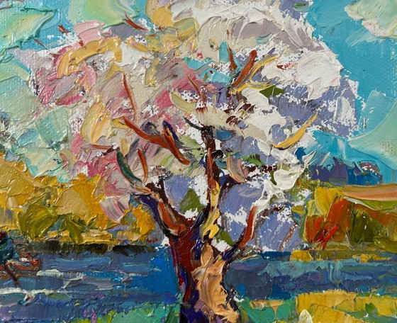 Image 1 of Original Oil Painting River Coastal Landscape Early spring morning