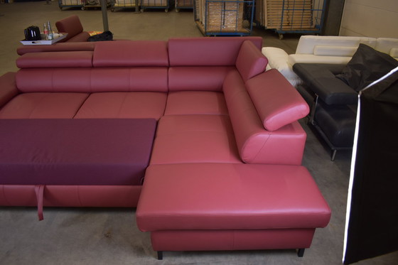 Image 1 of Ledersofa Chilano Rot Mit Schlaffunktion Mit Kopfstützenverstellung Couch Sofa Ecksofa Ledercouch Lederecksofa Schlafsofa 