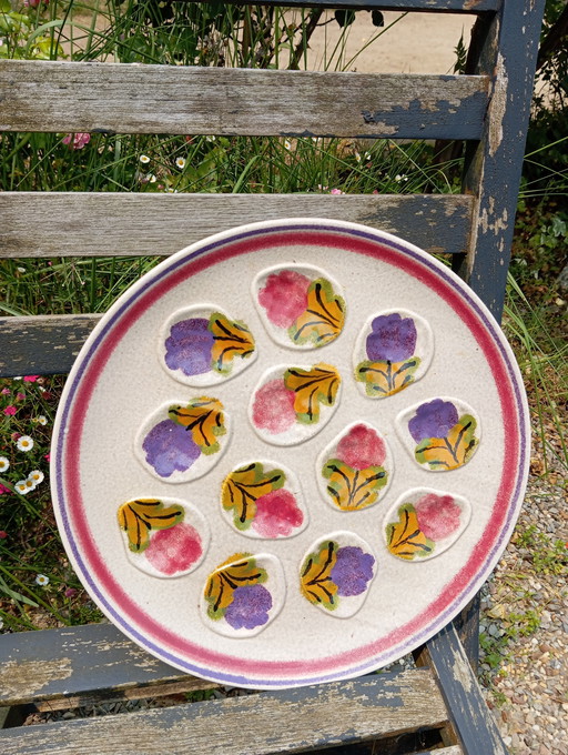 Large oyster dish decorated with flowers 1960 by MBFA - France