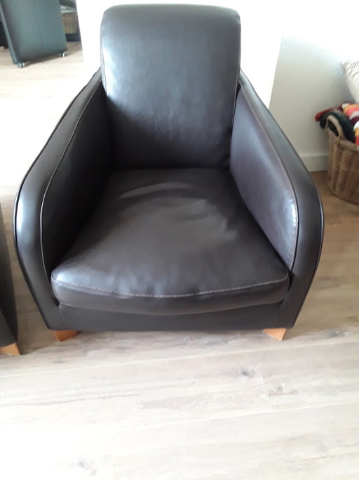 2x Molinari We Not Armchairs Dunkelbraunes Leder mit heller Naht abgesteppt
