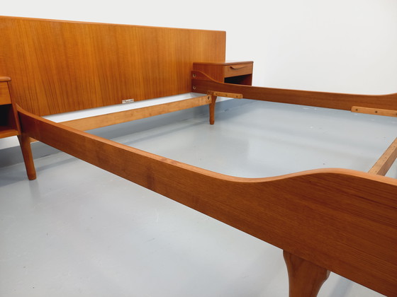 Image 1 of Scandinavian-style vintage double bed in teak by designers Tricoire and Vecchione for the "Meubles TV Paris" brand in the 1960s.