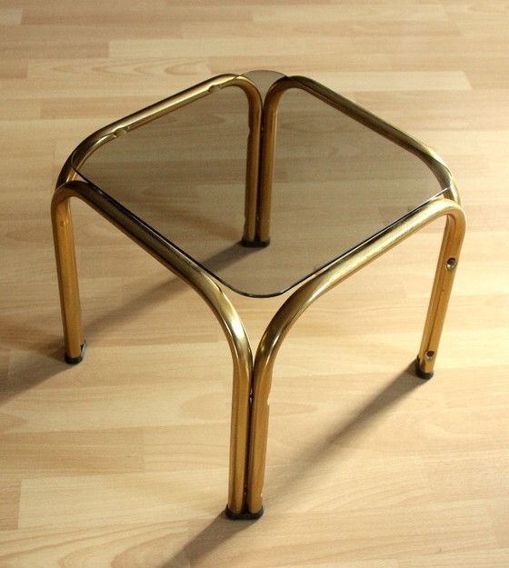 Image 1 of Small side table/plant stand, smoked glass, brass, vintage