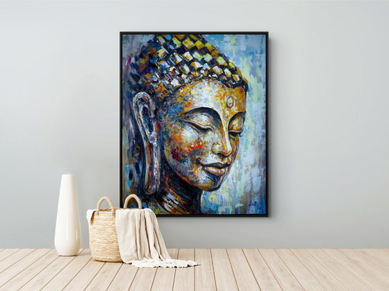 Image 1 of Unique hand-painted Buddha painting "Golden Serenity" – Seksak Jaichumchen – 80 × 100 cm