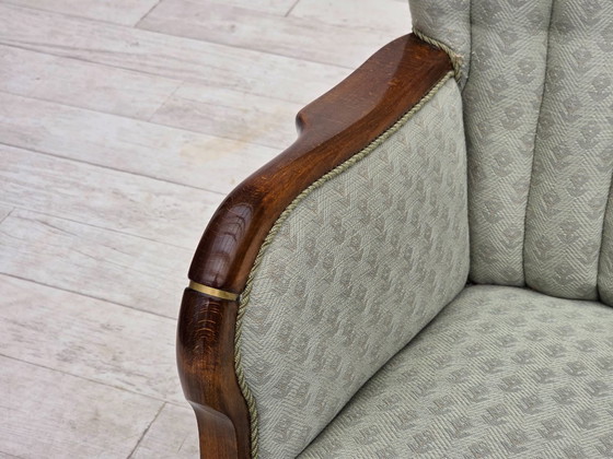 Image 1 of Deense fauteuil uit de jaren 60, lichtblauwe meubelstof, beukenhout.