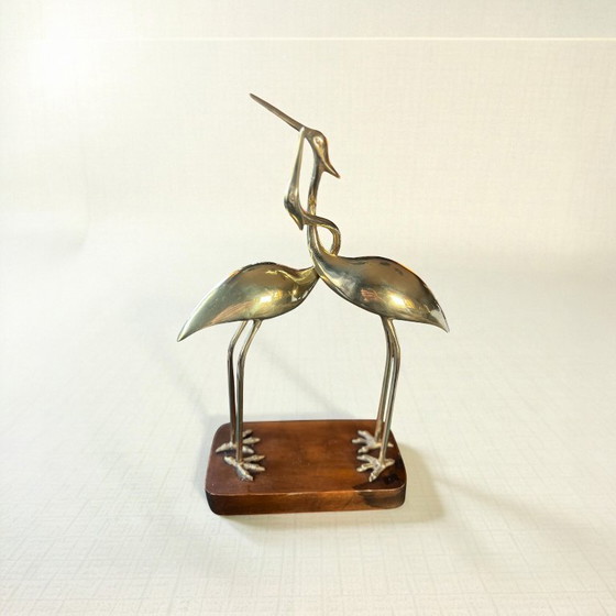 Image 1 of Raro ritrovamento! Statuetta vintage in ottone – Due gru intrecciate su base in legno | Ottime condizioni