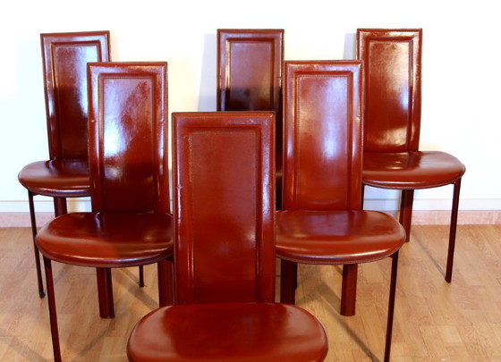 Image 1 of Ensemble de 6 chaises de salle à manger Lara de Giorgio Cattelan pour Cattelan Italia en cuir Bordeaux, Italie
