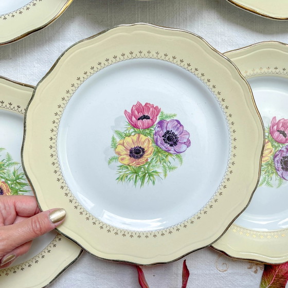 Vintage Porseleinen Dinerborden met Wit, Geel & Gouden Bloemenpatroon, L'Amandinoise "Coopélia" - Vintage (photo 5 of 16)