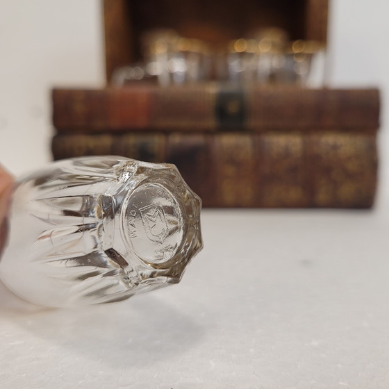 Image 1 of Decanter segreto, vetro tagliato, pelle goffrata, legno, FFS XIX - Francia