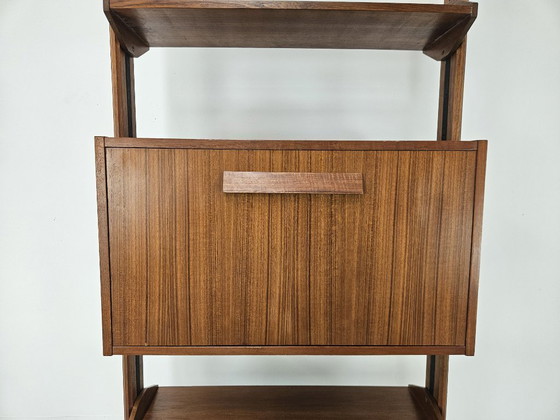 Image 1 of 1960s teak floor/sky bookcase with shelves and compartment