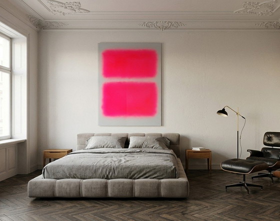 Dipinto astratto a campi di colore nei toni del grigio, rosa e rosso – neon | Arte fluorescente | XXL 0,8 cm (photo 7 of 8)