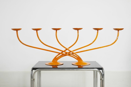  1970s Orange Candelabra Large Metal Sculptural Mid Century Retro Candle Holder Space Age Statement Centrepiece 