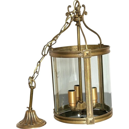 Vintage lantaarn van messing en geblazen glas met 3 lampen, Italië 1950