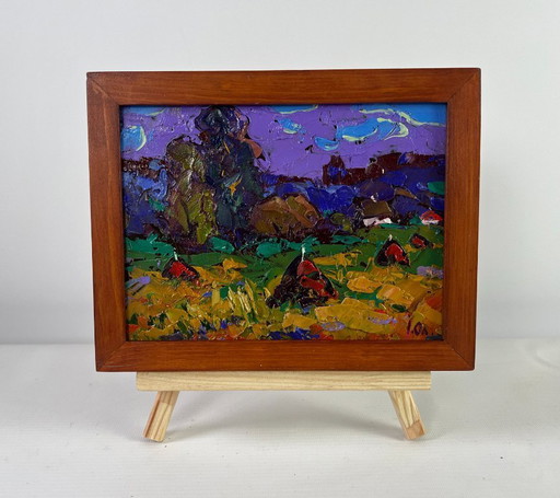 Original Oil Painting Summer Field Landscape Evening coolness before the rain