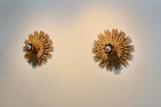 Natural pair of Large Carved Sunburst Wooden Sconces, Wall lights (photo 7 of 10)