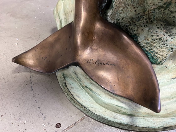 Image 1 of Mesa de centro en forma de delfín de bronce firmada por C Caudion, década de 1960