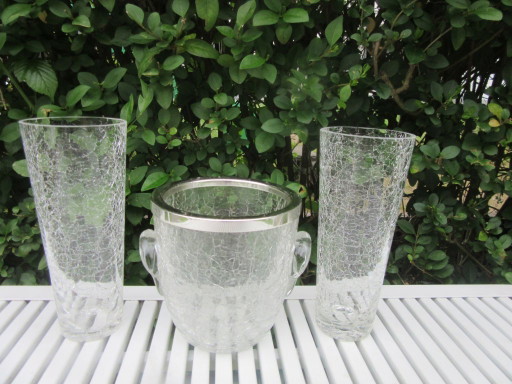 Crackle Glass Ice Bucket and 2 Matching Long Drink Glasses, mid century modern