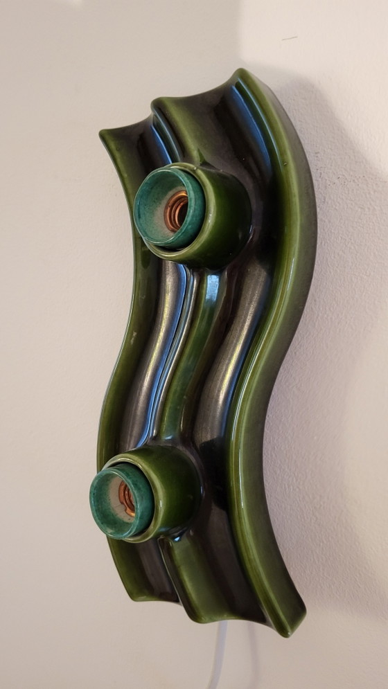 Brunnquell wall lamp, green, very rare, wave shape, 1960s, 1970s, 1980s, ceramic, stoneware – Wall lights (photo 6 of 6)