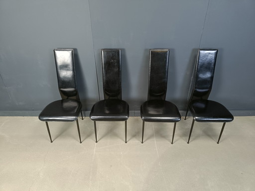 Chaises de salle à manger en cuir noir par Giancarlo Vegni pour Fasem, Italie, années 1980, ensemble de 4