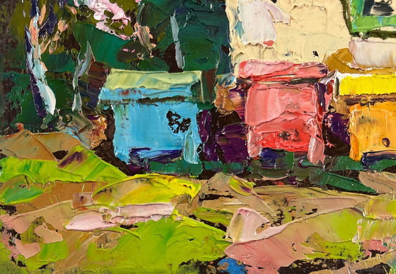 Image 1 of Original Oil Painting Village House Landscape Spring is coming to the yard