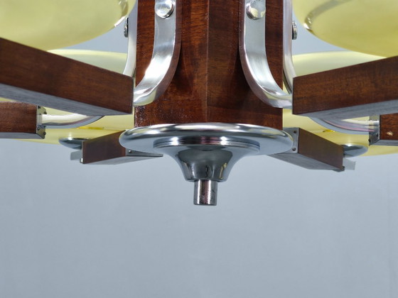 Image 1 of Art Deco Chrome and Walnut Chandelier, Czechoslovakia, 1930s