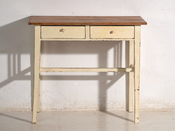 Antieke tafel met twee laden van grenenhout – Centraal-Europa, circa 1910 – Bijzettafels, Porcelain, Rustic (photo 36 of 40)