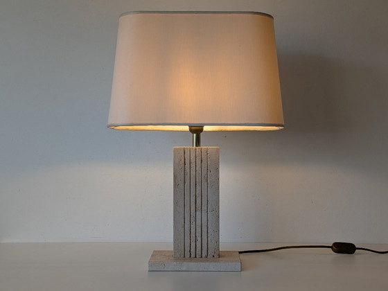 Image 1 of Lampe de table vintage en travertin et laiton de Belino (Belgique) | Années 1970