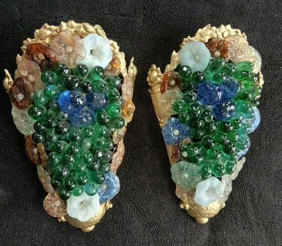 Image 1 of Murano-Wandleuchten – farbige Trauben, Glasrosette, bronzene Seeanemone