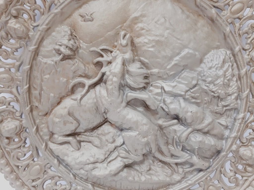 Vintage wall plaque, hunting scene, ornaments 