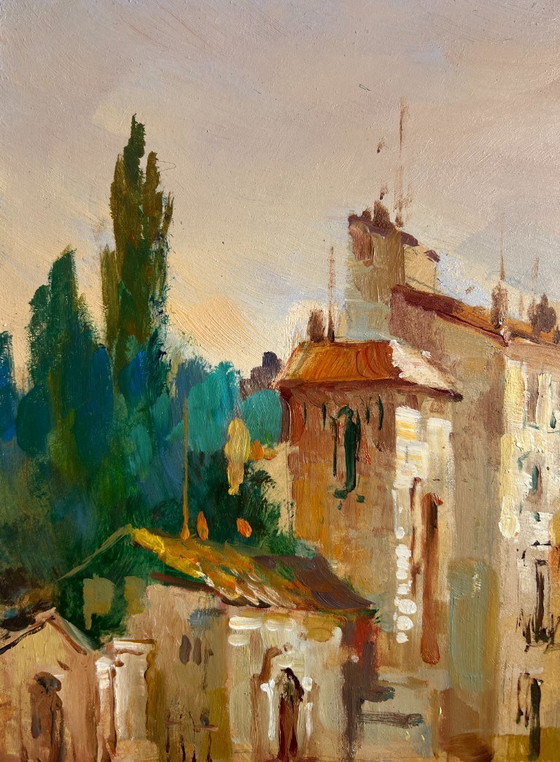 Image 1 of Original Oil Painting Evening City Landscape The flaming evening horizon