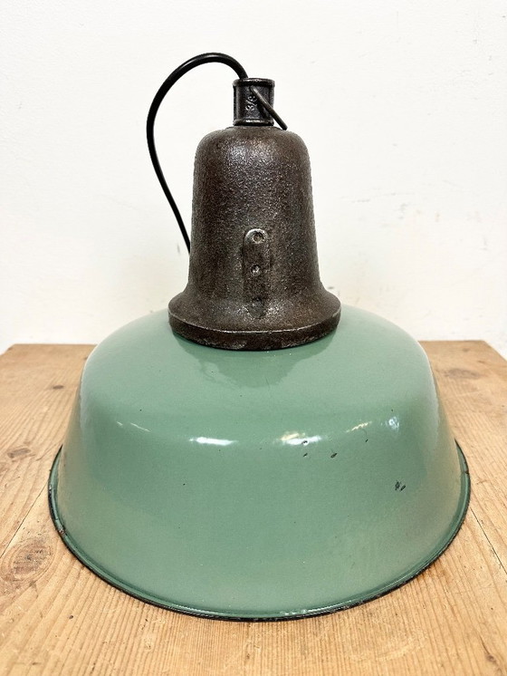 Image 1 of Industrial Green Enamel Factory Lamp with Cast Iron Top, 1960s