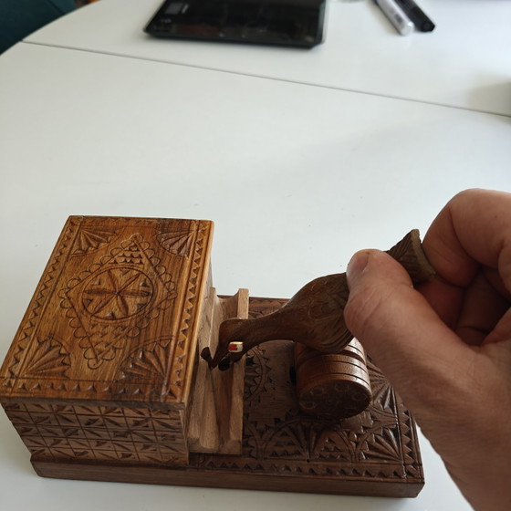 Image 1 of Hand-Carved Mechanical Bird Cigarette Dispenser | Folk Art Wooden Box | Working Mechanism