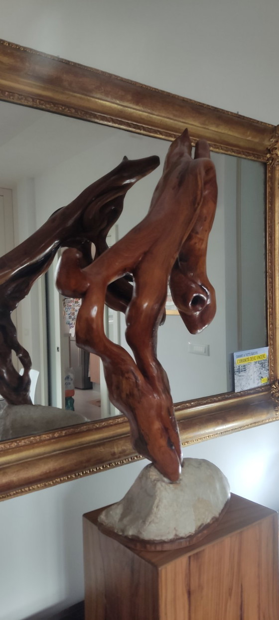 Image 1 of Organic Sculpture "Greyhound" in Solid Wood on a Stone Base – Biomorphic Natural Art