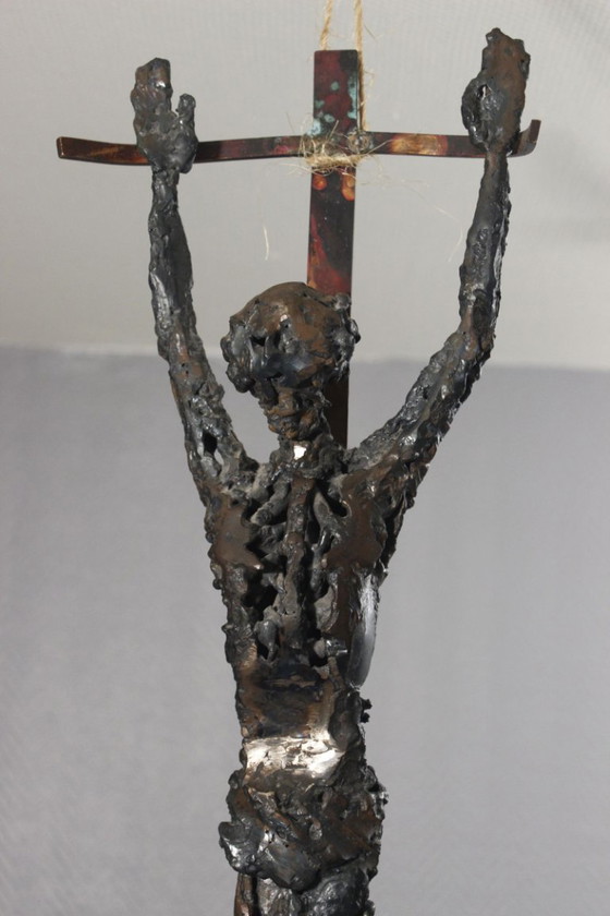 Image 1 of Brutalized crucifixion sculpture in welded iron, bronze, and copper, 1970s, signed