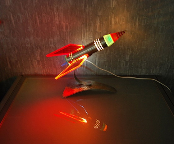 Image 1 of Rocket lamp, Red Yellow Blue made of stainless steel 1970s Space age, handmade