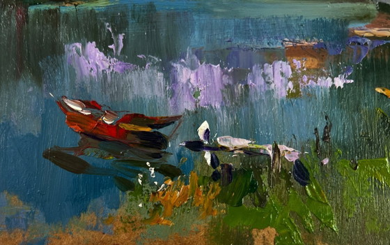 Image 1 of Original Oil Painting Summer Nature Landscape River with boats along the shore