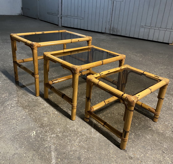 Image 1 of Bamboo and Smoked Glass Nesting Tables