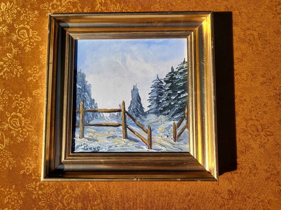 Rustikales Winterzaun & Kiefern Ölgemälde – Gemälde & Zeichnungen, Leinwand (photo 2 of 10)
