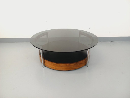 Vintage Italiaanse ronde salontafel uit de jaren 60/70, gemaakt van gebogen palissanderhout, verchroomd metaal en gerookt glas.