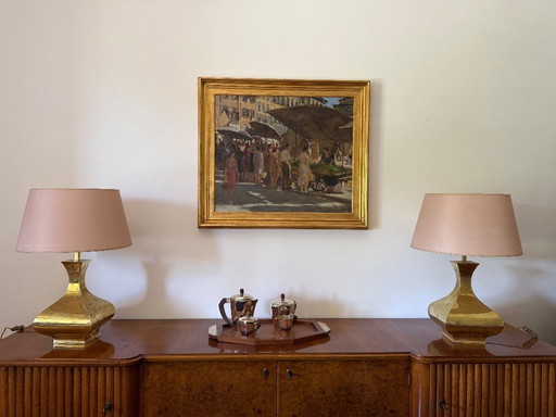 Hollywood regency set of 2 brass table lamps mod. Piramide, High Society Italy 1970s