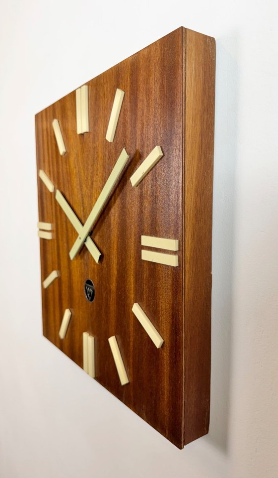 Image 1 of Vintage Brown Wooden Wall Clock from Pragotron, 1980s