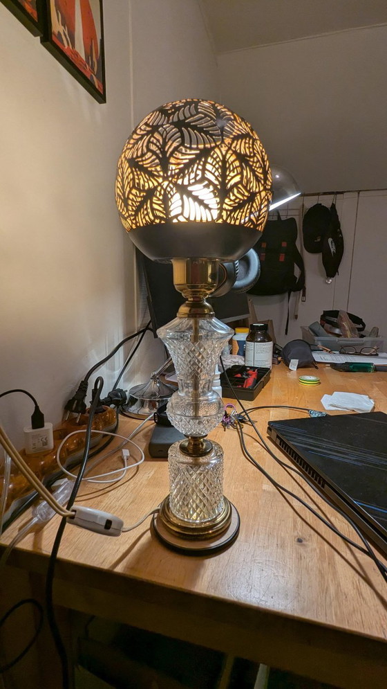 Metal and Glass Table Lamp with Cut-Out Shade, Gold, Vintage (photo 2 of 7)