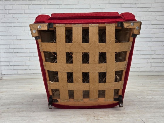 Image 1 of Fauteuil relax danois des années 1950, laine rouge pour meubles, bois de chêne.