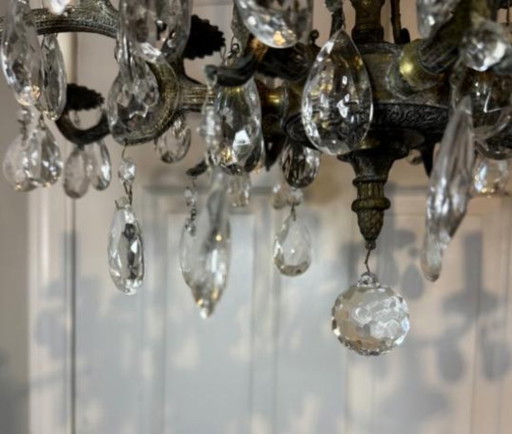 Vintage Antique Ornate Cast Brass 16 candlelight Chandelier crystal 8 arm