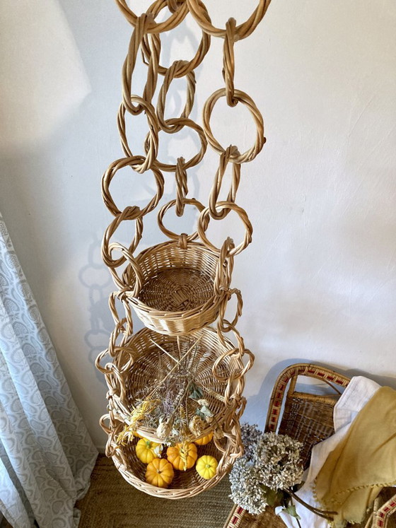 Large Wicker Hanging Basket with Three Tiers, Twisted Ring Chain, Decorative Objects, Beige (photo 7 of 18)