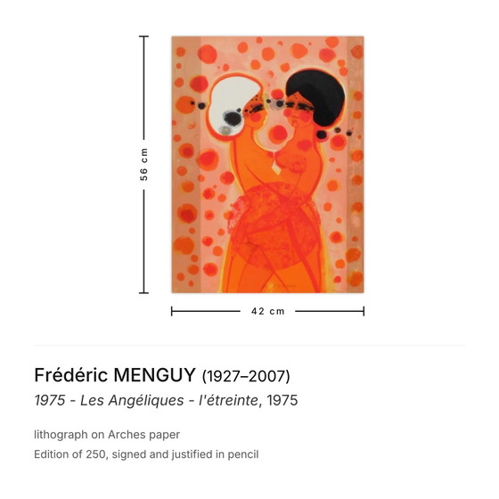 Image 1 of Frédéric MENGUY Die Engelsfrauen - Die Umarmung Signierte Lithografie 1975