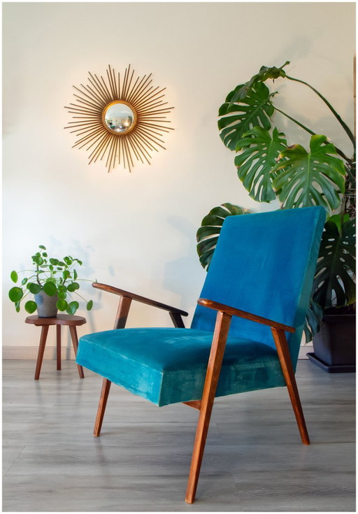 Fauteuil Scandinave velours bleu canard, année 50-60